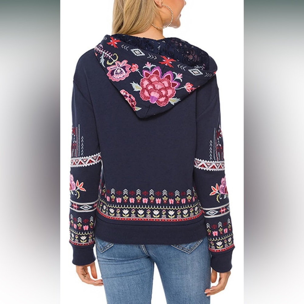 Floral Embroidery Navy Blue Boho Long Sleeves Sweatshirt Hooded Jackets, S - Picture 3 of 16
